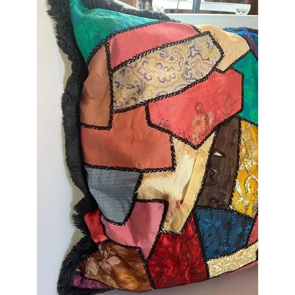 Old Patchwork Crazy Quilt Fabric Throw Pillow Handmade Victorian Style
